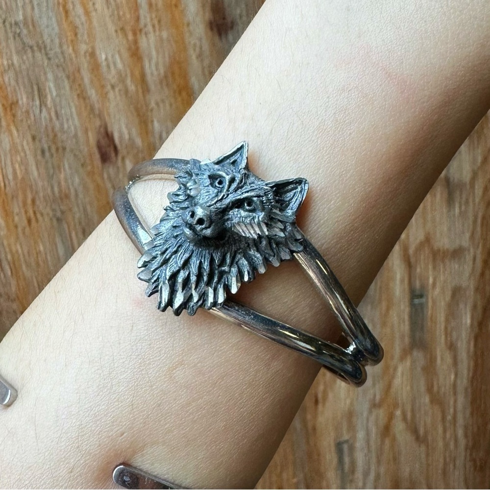 vintage EJC pewter wolf split shank bangle bracelet